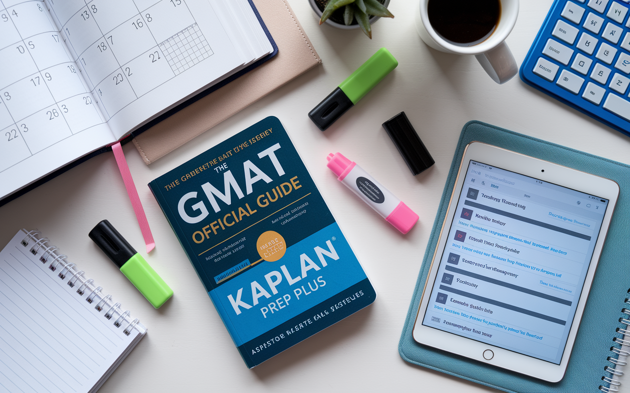 A dynamic study setting showcasing 'The GMAT Official Guide' and 'Kaplan GMAT Prep Plus', accompanied by highlighters and a tablet displaying GMAT practice questions. The desk is cluttered yet organized, with a calendar marking study schedules, providing a glimpse into the aspirational journey of a business student.