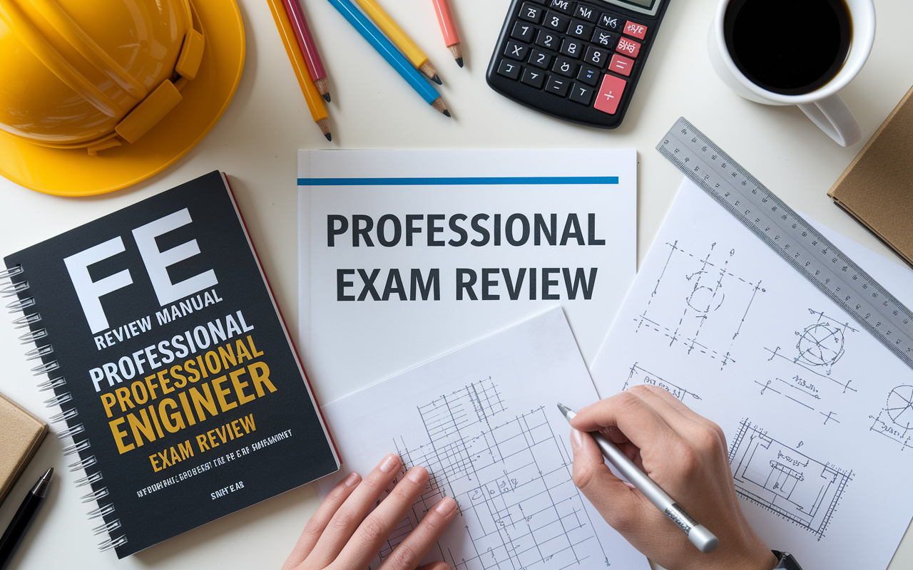 A well-organized desk featuring 'FE Review Manual' and 'Professional Engineer Exam Review', alongside engineering tools such as a calculator, ruler, and sketches of engineering diagrams. The bright overhead lighting enhances a feeling of focus and preparation linked to the engineering field.