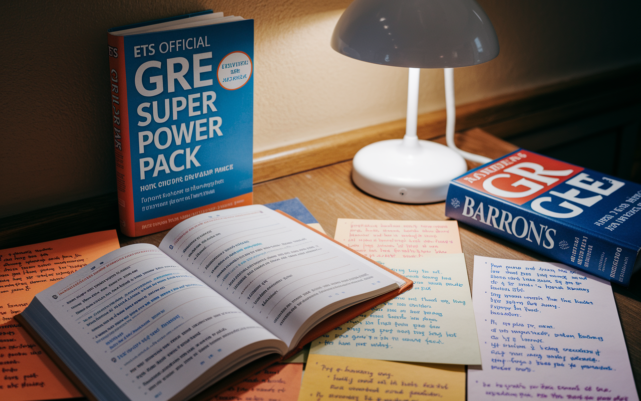 An inviting study nook with 'ETS Official GRE Super Power Pack' and 'Barron's GRE' opened to various pages, surrounded by notes filled with highlighted phrases and quotes. A cozy lamp bathes the scene in warm light, emphasizing an atmosphere of scholarly exploration and deep thought.