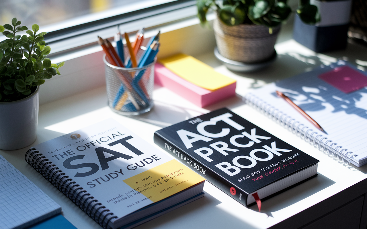 A bright study space filled with 'The Official SAT Study Guide' and 'The ACT Prep Black Book', laying open with notes and sticky tabs peeking out. A window with sunlight streaming in complements a relaxed, focused environment, perfect for mastering the SAT and ACT.