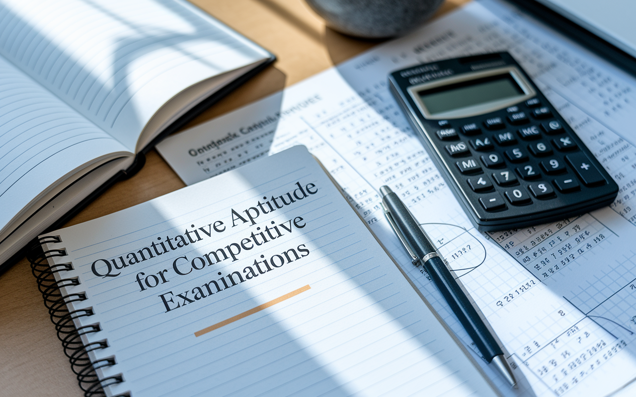 A focused study scene featuring 'Quantitative Aptitude for Competitive Examinations', with a filled math notebook and a scientific calculator by its side. Natural light illuminates the desk, giving life to the mathematical formulas and practice problems spread across the surface.