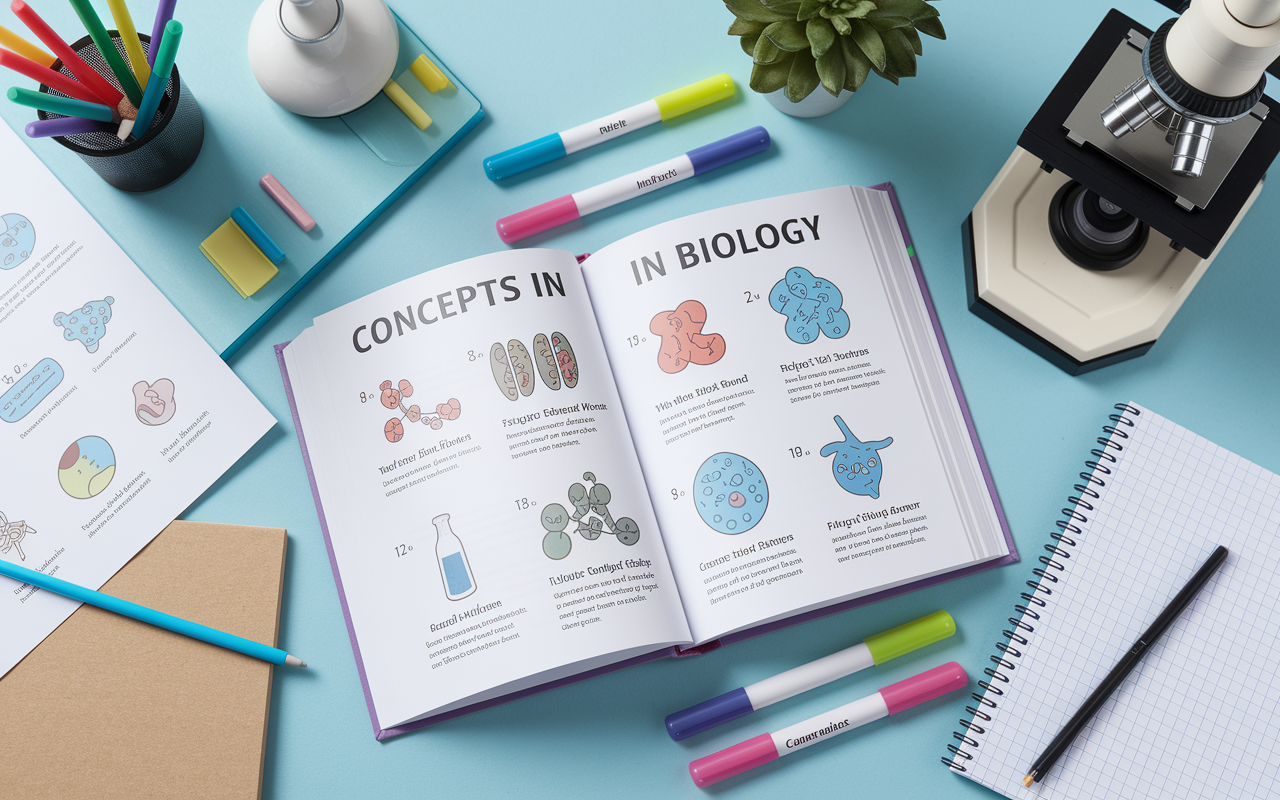 An organized desk showcasing 'Concepts in Biology' opened to an illustrative page. The surroundings include a microscope, biology diagrams, and colorful markers indicating important concepts, creating an engaging and scientific atmosphere conducive to focused study.