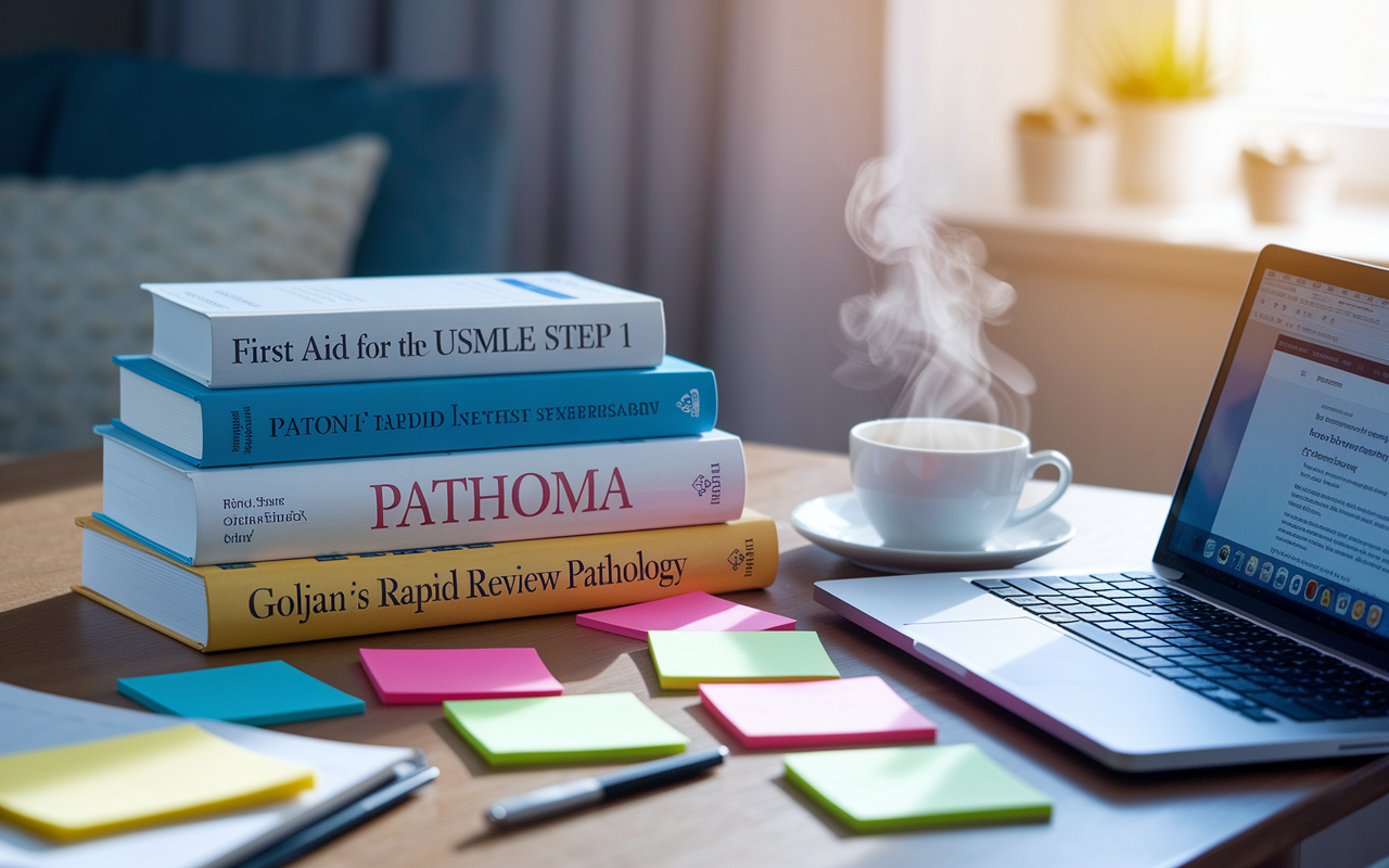 A collection of medical textbooks stacked on a study table: 'First Aid for the USMLE Step 1', 'Pathoma', and 'Goljan's Rapid Review Pathology' prominently displayed. The table is surrounded by colorful sticky notes, a laptop opened with an online course webpage visible, and a steaming cup of coffee. The setting is a cozy study room bathed in soft, natural light filtering through a window, creating a warm and inviting atmosphere for focused studying.