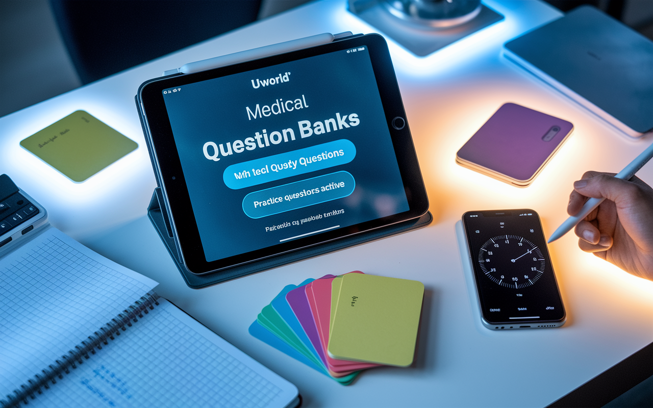 A digital study setup highlighting medical question banks on a tablet screen, displaying UWorld's interface with practice questions active. Surrounding the tablet are flashcards, a notebook with handwritten notes, and a smartphone with a timer app open, indicating a focused study session. The workspace is illuminated with bright LED lighting, creating a modern and tech-savvy atmosphere for peak productivity.