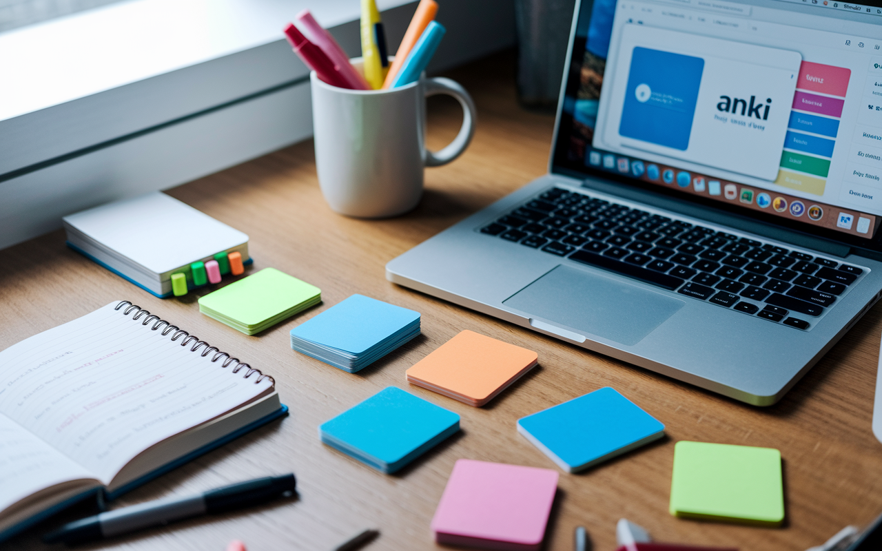 A creative study session featuring flashcards laid out on a wooden desk, with a laptop screen displaying an Anki interface. Some flashcards are color-coded for quick revision, and a coffee mug filled with highlighters is placed beside a notebook filled with summarized notes. The lighting is bright, showcasing the engaging and organized environment conducive to retaining complex medical information.