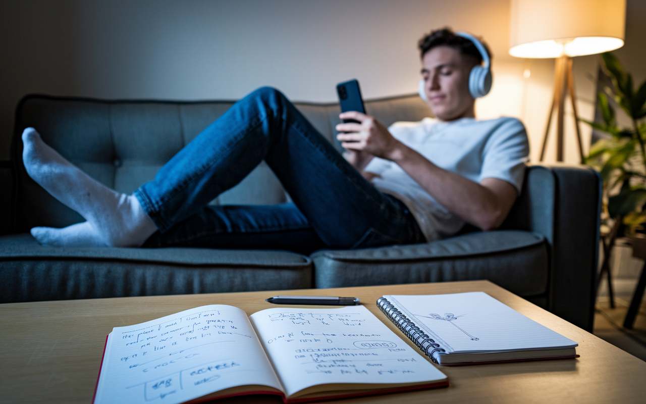 A student relaxing on a couch with headphones on, deeply engaged in a medical podcast episode on their smartphone. A coffee table in front features a notebook filled with sketches and notes related to topics discussed in the podcast. Ambient lighting from a nearby lamp creates a cozy atmosphere, emphasizing the accessibility of learning through audio resources during downtime.