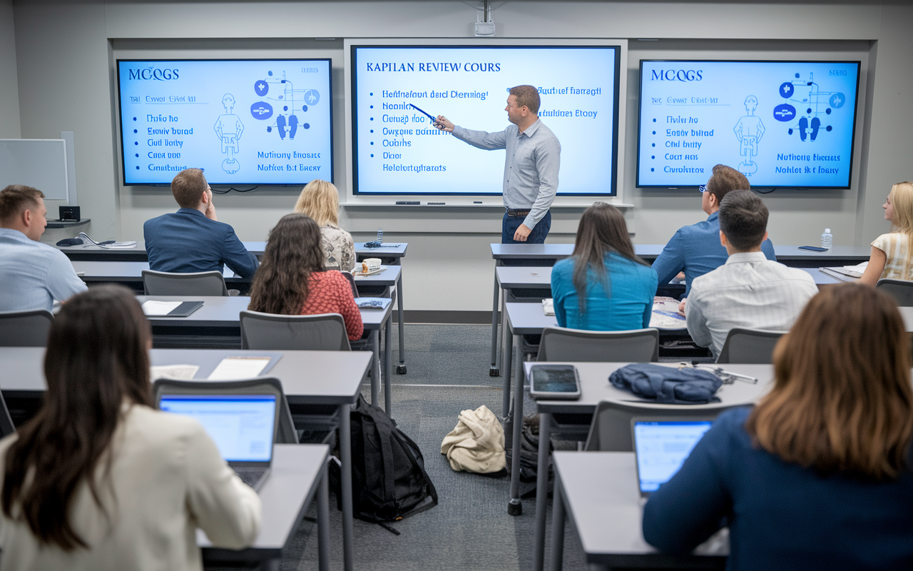 A classroom setting with students attentively listening to an instructor during a Kaplan Review Course, filled with rows of desks and screens displaying medical diagrams and MCQs. The instructor points at a whiteboard filled with strategies and study tips. The lighting is bright and focused, intensifying the atmosphere of learning and collaboration.