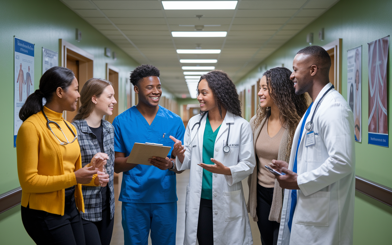 A diverse group of aspiring medical students gathered in a hospital corridor, engaging in animated discussions. They are dressed in smart casual attire, with one holding a clipboard, while others are sharing experiences. Bright overhead lights illuminate the environment, highlighting a sense of enthusiasm and determination. Various medical posters adorn the walls, emphasizing a vibrant and dynamic healthcare setting.