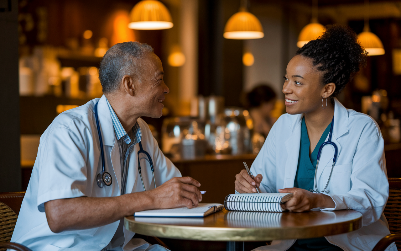 A young medical student sitting at a cozy coffee shop table, engaged in a conversation with a healthcare mentor. The mentor is sharing advice and guidance, while the student listens attentively, jotting down notes in a stylish notebook. The warm lighting of the café creates a friendly and approachable atmosphere, showcasing the importance of mentorship in the journey toward a medical career.