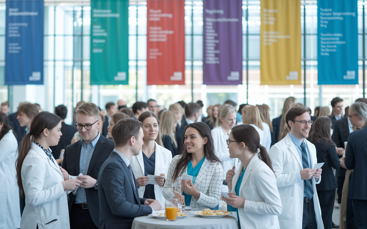 A bustling networking event with medical students and professionals engaging in conversations. Colorful banners representing different specialties hang in the background. Students are exchanging business cards and discussing shadowing opportunities over refreshments. The atmosphere is vibrant and energetic, conveying a sense of community and collaboration in the medical field.