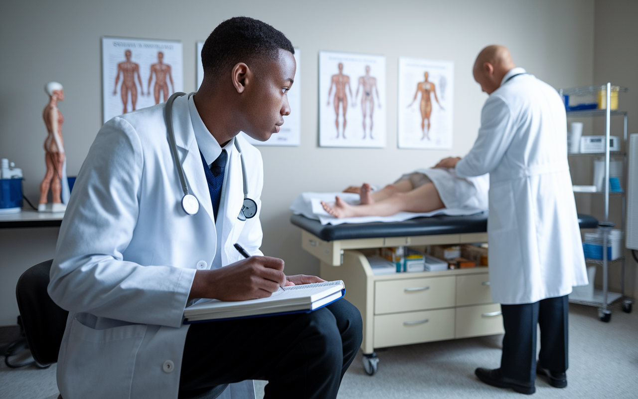 A focused medical student in a white coat quietly observing a physician examining a patient in an examination room. The student is sitting on a stool, taking notes diligently in a notebook, with a look of concentration and eagerness to learn. The examination room is well-lit, featuring medical charts, anatomical models, and a patient lying on the examination table, creating an atmosphere of learning and professionalism.