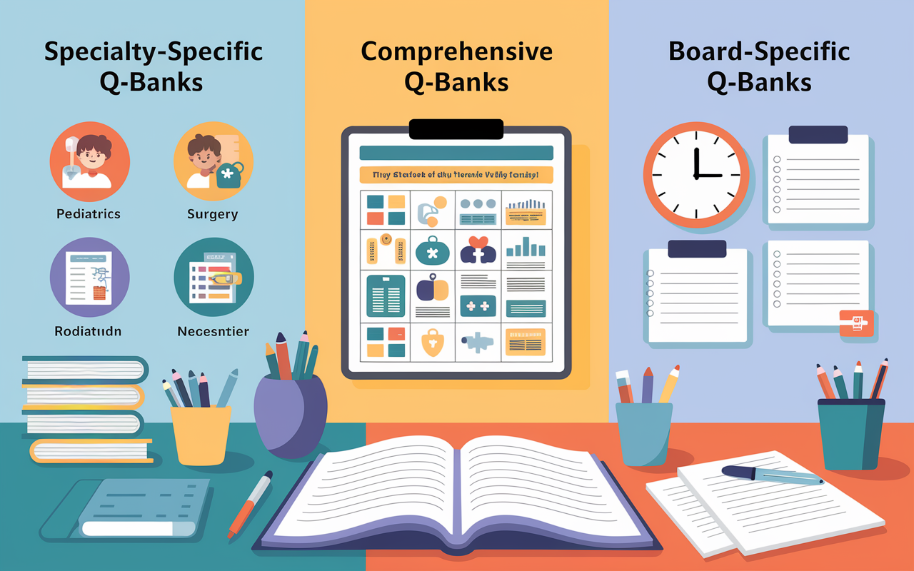 An infographic-style illustration showing different types of Q-banks. The image includes three sections: 'Specialty-Specific Q-Banks' with icons of pediatrics and surgery; 'Comprehensive Q-Banks' featuring an array of topics with a medical chart; and 'Board-Specific Q-Banks' symbolized by a clock and exam papers. The background is styled like a study environment with a desk and study materials, using clean lines and a bright color palette for clarity.