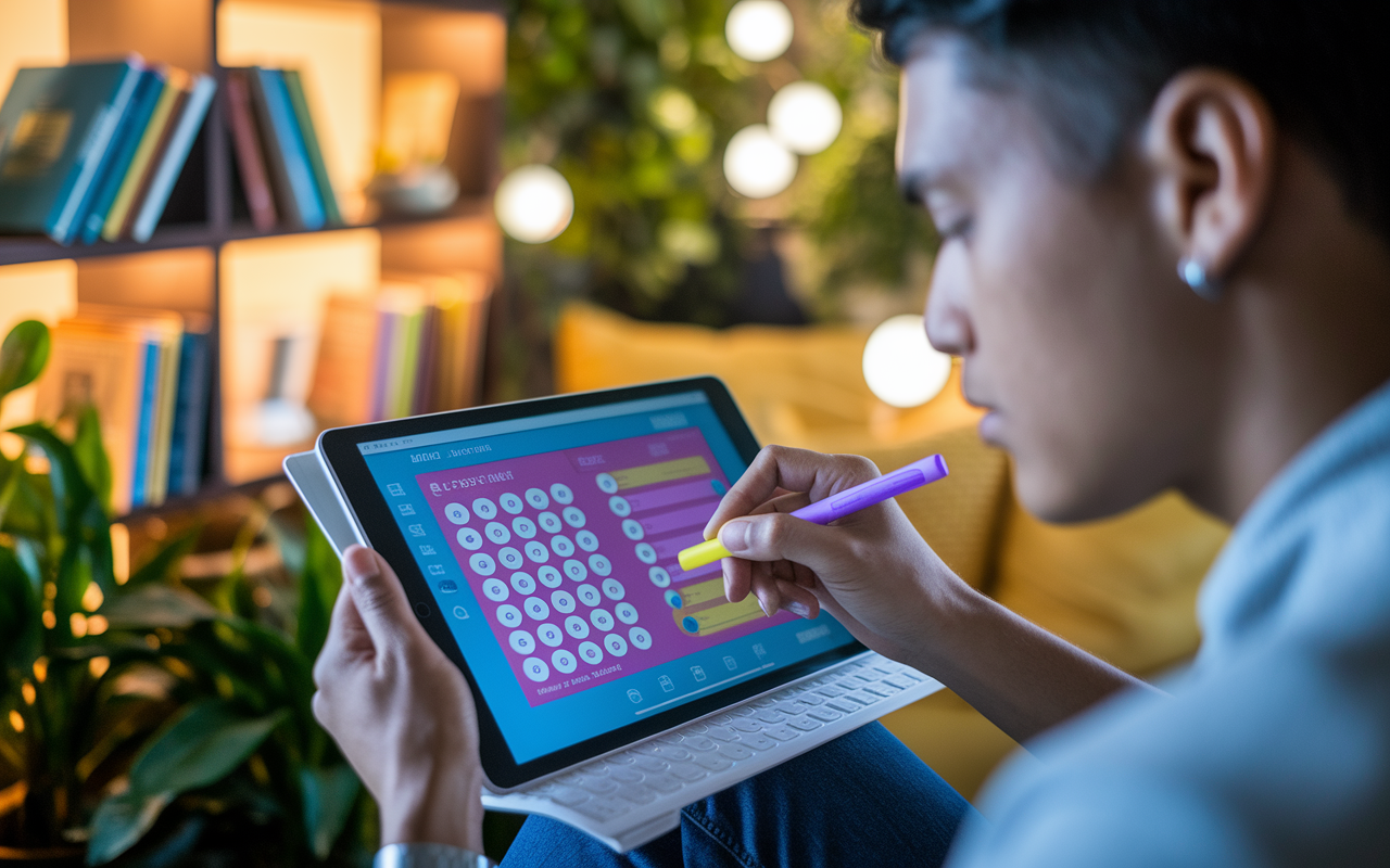 A close-up of a student interacting with a Q-bank on a digital tablet, deeply engaged while sitting in a cozy study nook. The screen displays a vibrant question interface with multiple-choice answers. The student, a Hispanic male, is highlighting notes with a colorful highlighter. The setting is warm and inviting, filled with shelves of medical books, plants, and soft, ambient lighting that creates a focused yet comfortable studying environment.