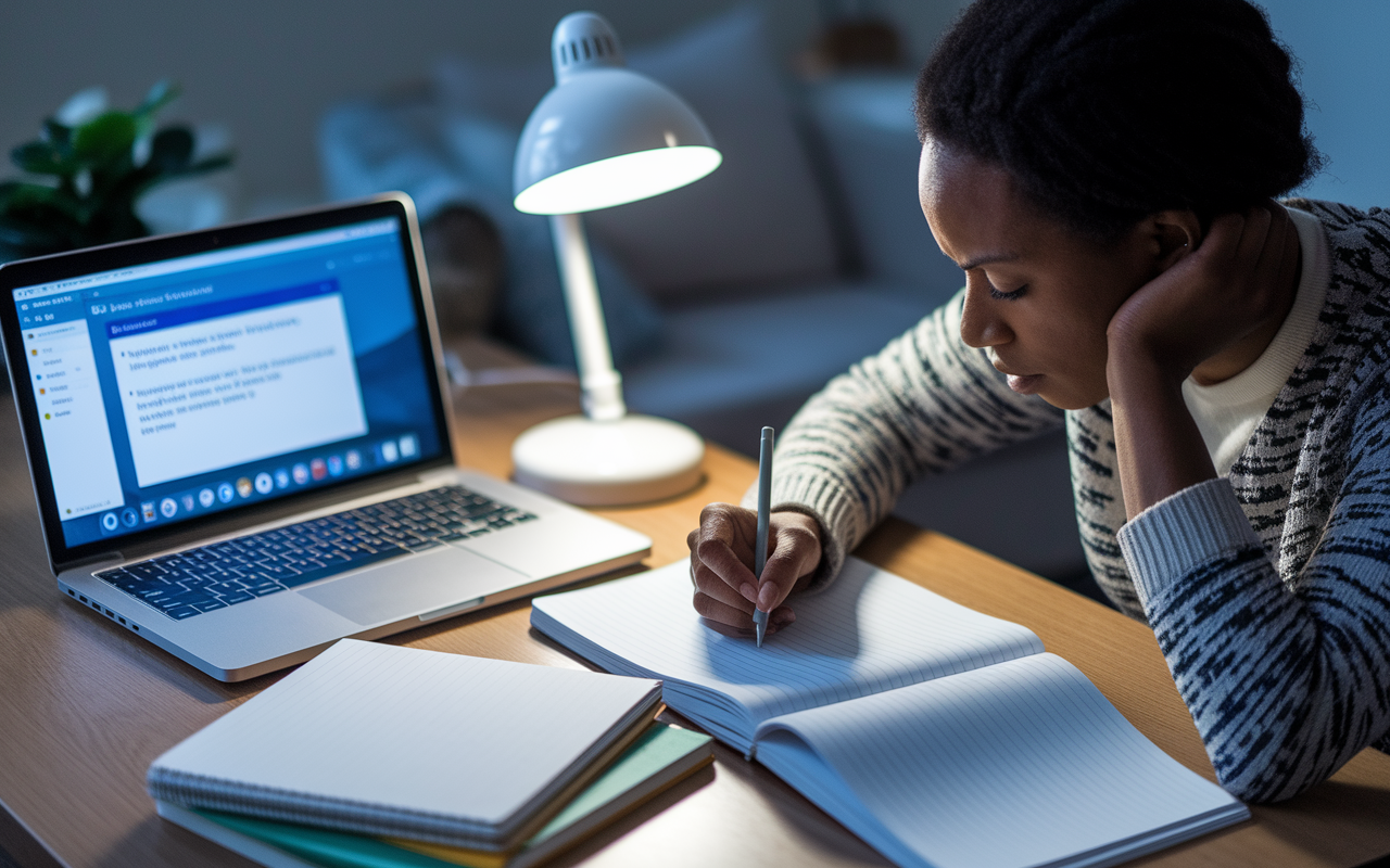 An image depicting a student with a furrowed brow surrounded by notebooks and a laptop, analyzing their wrong answers. The screen shows a Q-bank interface with a question explanation. The student, a Black female, is taking notes with a thoughtful expression, representing dedication to learning through mistakes. The room has a serious study vibe, with a desk lamp casting a warm glow over the pages.