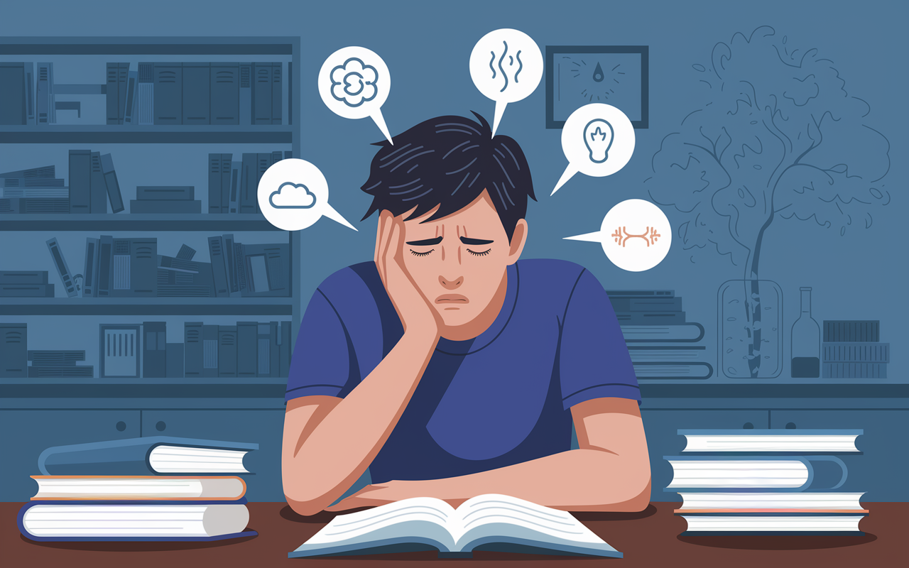 An illustration depicting different symptoms of test anxiety in a thoughtful student. The background features a hazy room with disorganized study materials, while the student has a pained expression, reflecting psychological distress. Visual cues symbolize anxiety: icons representing racing thoughts, sweating, and panic hover around their head. The color palette is subdued, with blues and greys, to portray an intense emotional state.