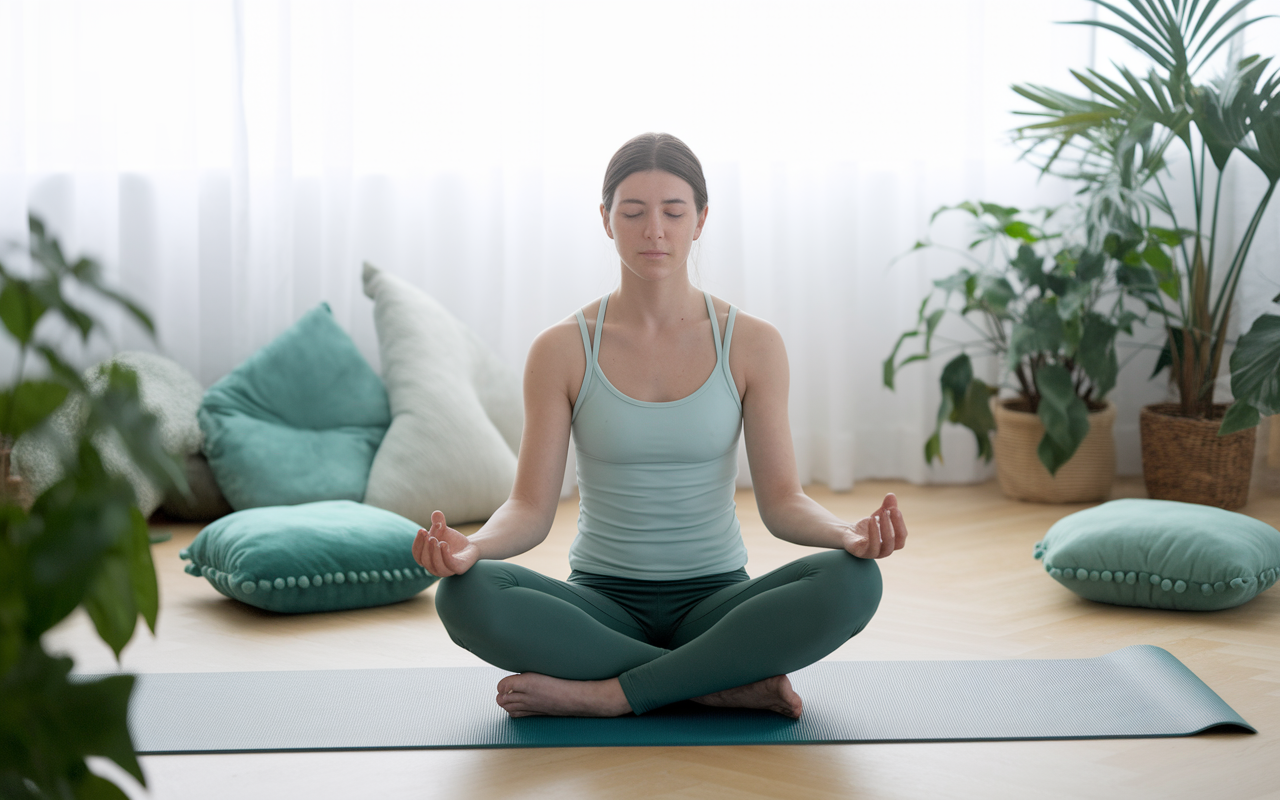 A serene scene of a student practicing mindfulness in a quiet space, sitting cross-legged on a yoga mat with soft natural light filtering through a window. The student appears calm and tranquil as they engage in deep breathing, surrounded by plants and cushions that enhance a cozy atmosphere. The color scheme is light and airy, with greens and soft whites that evoke tranquility and focus.