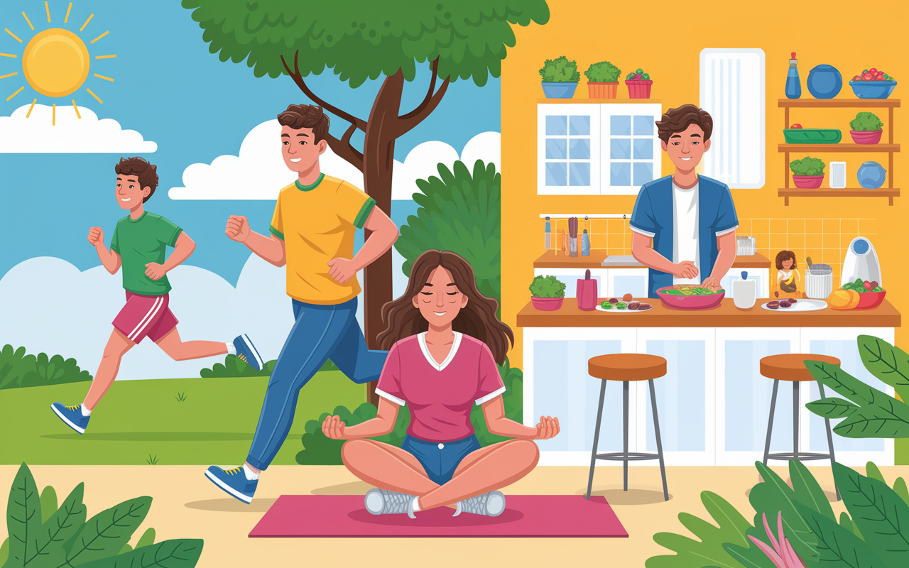 A dynamic and energetic scene of students engaging in healthy habits: one running outside on a sunny day, another preparing a nutritious meal in a bright kitchen, and another meditating in a peaceful environment. Bright, vivid colors highlight the liveliness of the scene, promoting a sense of positivity and well-being. The overall mood conveys the message of balance and health, essential for effective exam preparation.