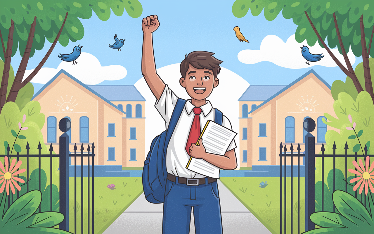 A triumphant student standing outside an examination hall, holding their exam papers with a confident smile, surrounded by greenery and chirping birds. The scene captures a bright, sunny day, symbolizing success and relief. Vivid colors and cheerful atmosphere enhance the feeling of accomplishment and joy, illustrating the journey from anxiety to triumph through effective strategies.