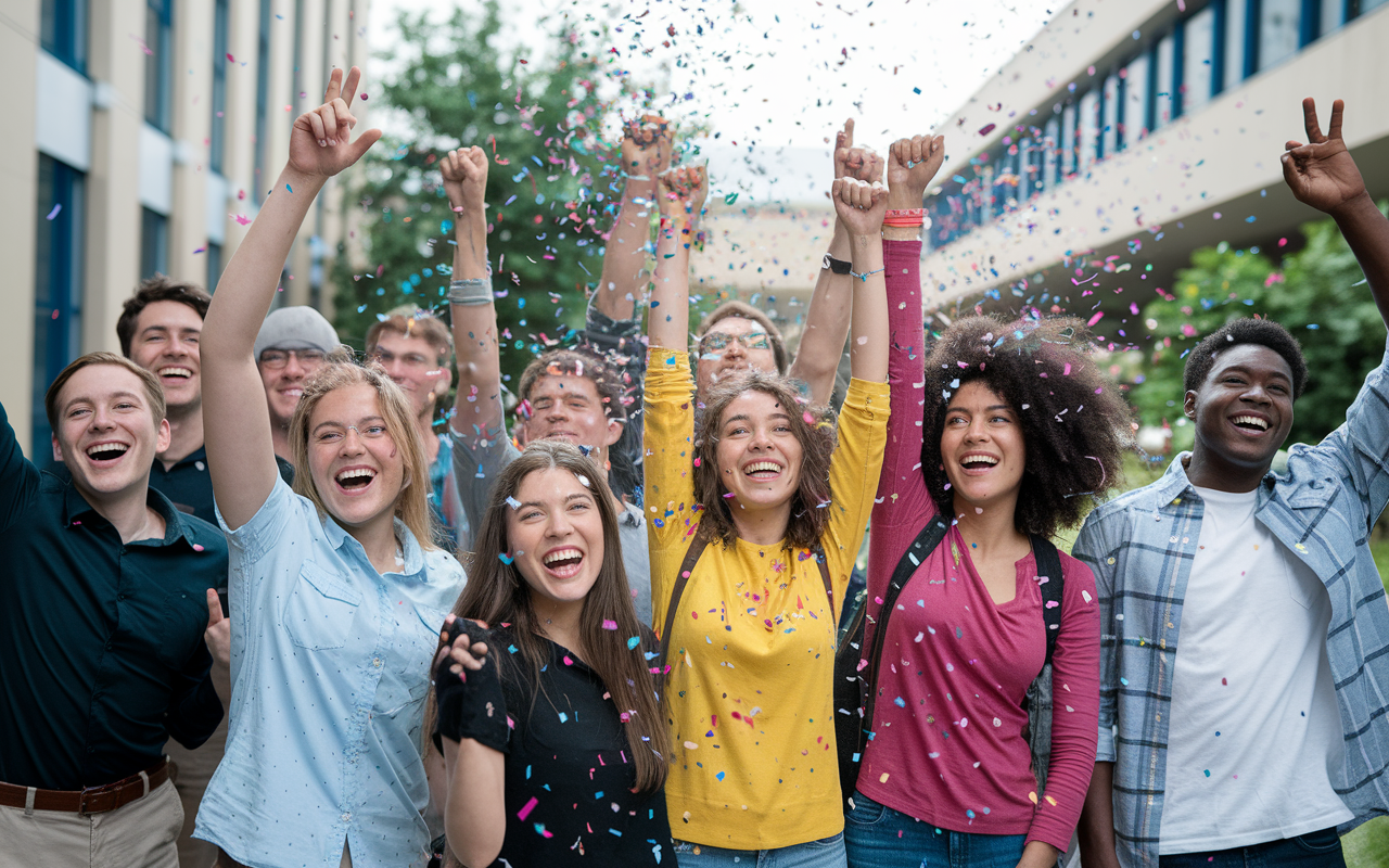 An uplifting scene of a group of diverse students cheering and celebrating after a successful test completion. The energy is high, with bright confetti falling around them in a lively atmosphere. The background shows an academic building, emphasizing the goal achieved. The scene has an explosion of color and joyful expressions, encapsulating the excitement of overcoming challenges and achieving success.