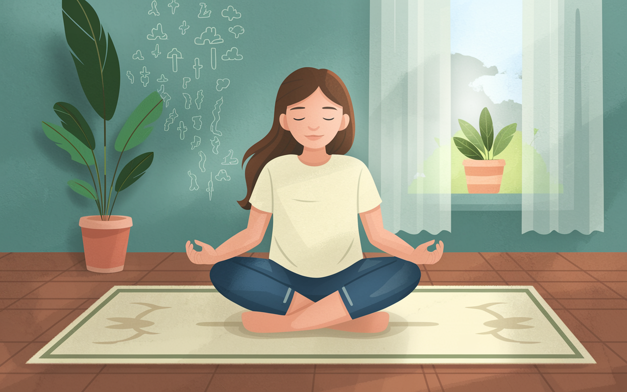 An illustration of a serene room where a young student sits cross-legged on a soft mat, eyes closed, practicing deep breathing. Soft natural light filters through a window, casting a calm ambiance. Visualization of breathing patterns emerges in the air, representing deep inhaling and exhaling, embodying a moment of peace amidst test anxiety. Digital painting style.