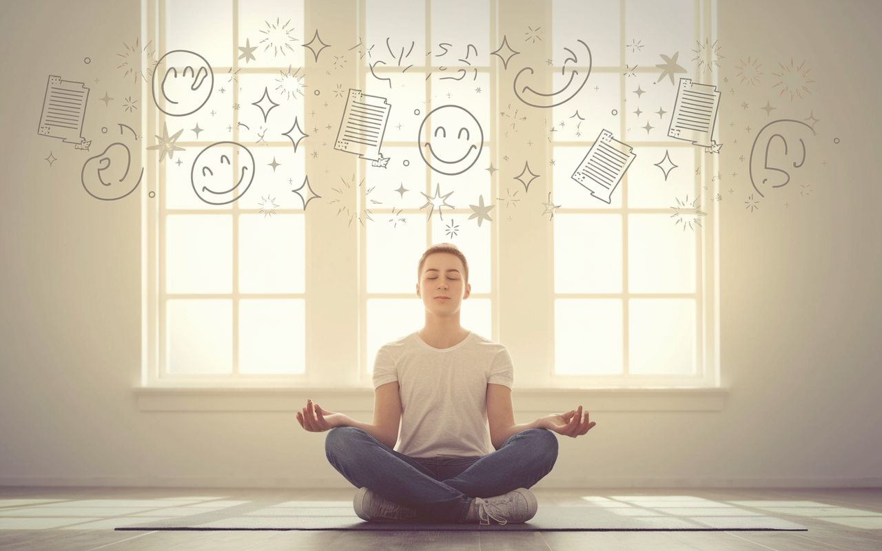 A student seated in a meditative posture in a bright room, eyes closed, with a calm expression. Above their head, a dreamlike visualization illustrates exam success with exam papers transitioning to positive symbols like smiles and stars. Gentle sunlight fills the room, emphasizing a hopeful atmosphere. Fantasy style with soft gradients.