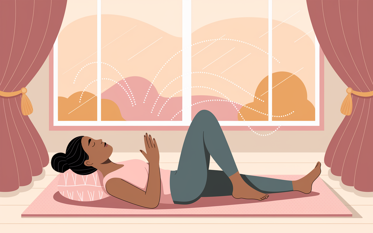 A serene environment where a student is comfortably reclining on a plush yoga mat, eyes closed, focusing on muscle relaxation. Visual waves of tension being released from different body parts as light lines flow away. The room is softly lit, suggesting a feeling of calming warmth. Artistic illustration style.