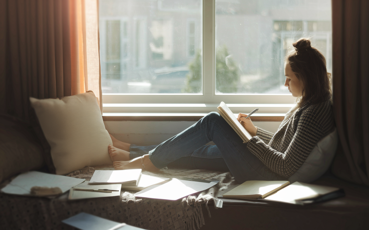 A cozy study nook where a student sits comfortably with a journal and pen, engrossed in writing. Sunlight pours through the window, casting soft, warm light over scattered papers and books. The atmosphere radiates focused tranquility, with the student visibly at ease and reflective. Photorealistic style.