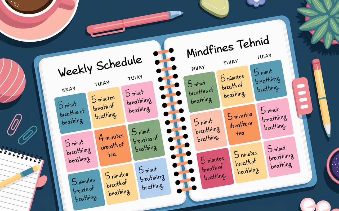 A visually engaging planner spread on a desk, showing a weekly schedule filled with colorful notes and mindfulness techniques like '5 Minutes of Breathing' and 'Journaling.' Surrounding the planner are calming items like a cup of herbal tea, a stress ball, and a small plant, suggesting a well-rounded approach to exam prep. Digital art style.