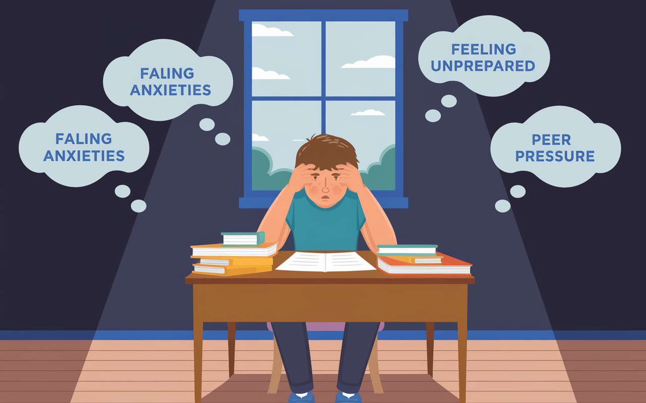 A thematic representation of test anxiety featuring a student sitting at a desk cluttered with papers and textbooks, looking overwhelmed. The student's forehead is creased in worry, surrounded by thought bubbles depicting common anxieties: failing a test, feeling unprepared, and peer pressure. The room is dimly lit, highlighting the emotional distress and creating a contrast with the bright outside world visible through the window, symbolizing hope.