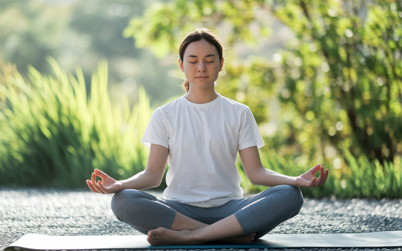 A serene scene featuring a student engaging in alternate nostril breathing, sitting cross-legged in a sunlit nature setting. The background showcases vibrant greenery, symbolizing tranquility and balance. The student’s expression is one of peace and concentration, with their hands positioned correctly, embodying harmony with nature. Soft sunlight adds to the calming effect of the environment.