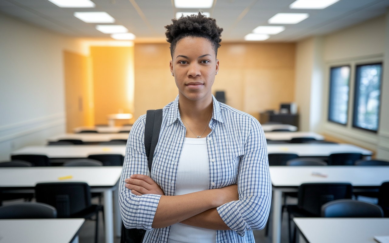 An empowered student standing confidently in front of an examination room, exuding composure and readiness. The student takes a deep breath, with a calm expression and assertive posture. The background features an inviting test room environment, symbolizing a pivotal moment of overcoming anxiety. Soft light emphasizes the student, creating a sense of confidence and determination as they prepare for success.