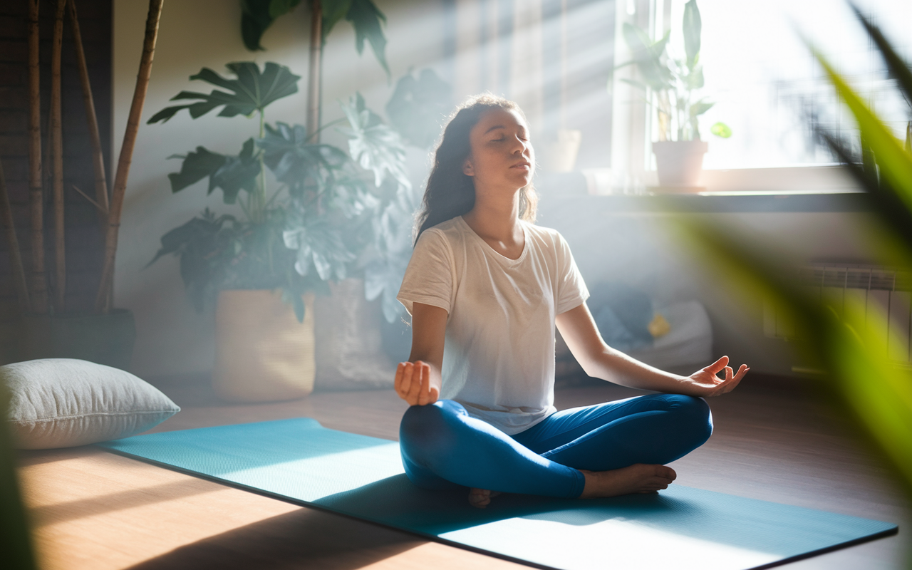 A serene study space with a student practicing deep breathing, sitting cross-legged on a yoga mat. Soft sunlight filters through a window, casting a calm glow. The room features plants and a cushion, creating a tranquil atmosphere. The student appears relaxed and focused, embodying peace and mindfulness. The scene visually represents a peaceful study break from intense study sessions.