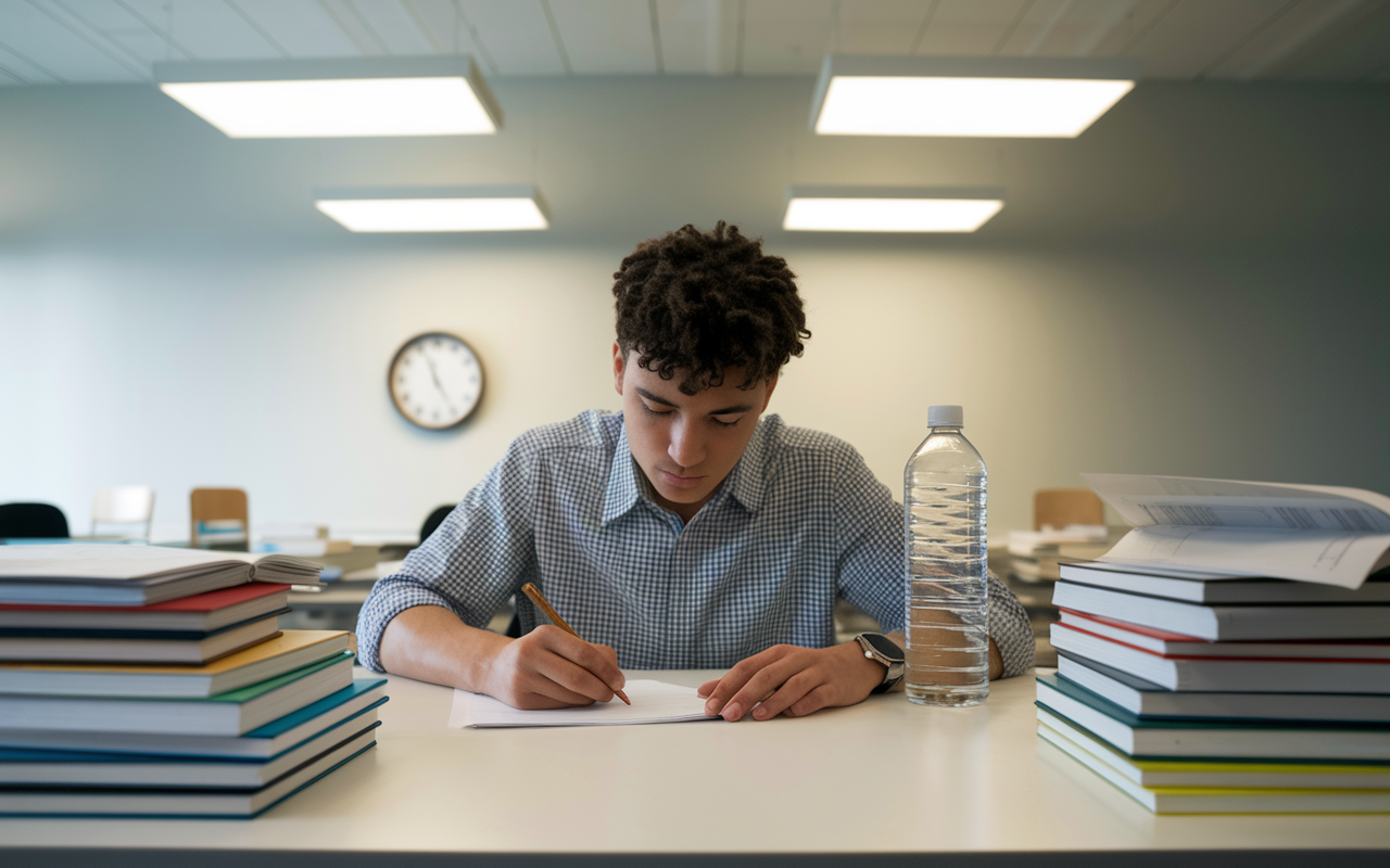 A student seated at a desk, taking a timed practice exam with a clock visible on the wall, creating a sense of urgency. The room is set up to mimic a test environment, complete with minimal distractions and soft overhead lighting. The student shows concentration and determination, surrounded by study materials. A pile of books and a water bottle reflect the intensity of exam preparation.