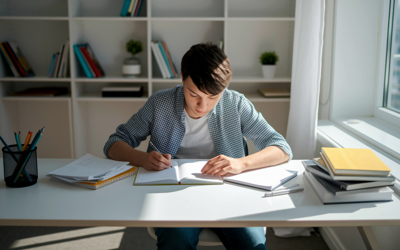 A quiet and organized study space with a student immersed in their work, surrounded by neatly arranged study materials. The desk is clean with only essential items such as a laptop, textbooks, and a notepad. Natural light streams in from a nearby window, creating a conducive atmosphere for concentration. The student displays a look of determination and focus, embodying a distraction-free environment.