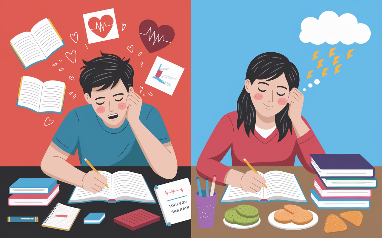 An educational illustration showing the symptoms of test anxiety: a split image of a student studying, looking anxious and sweating, contrasted with a calm counterpart studying peacefully. The anxious student appears surrounded by chaotic notes and books, while the calm student has a structured study environment with a planner and healthy snacks. Include visual elements like hearts to indicate rapid heartbeat and a storm cloud to symbolize overwhelming thoughts, all created in a colorful and engaging infographic style.