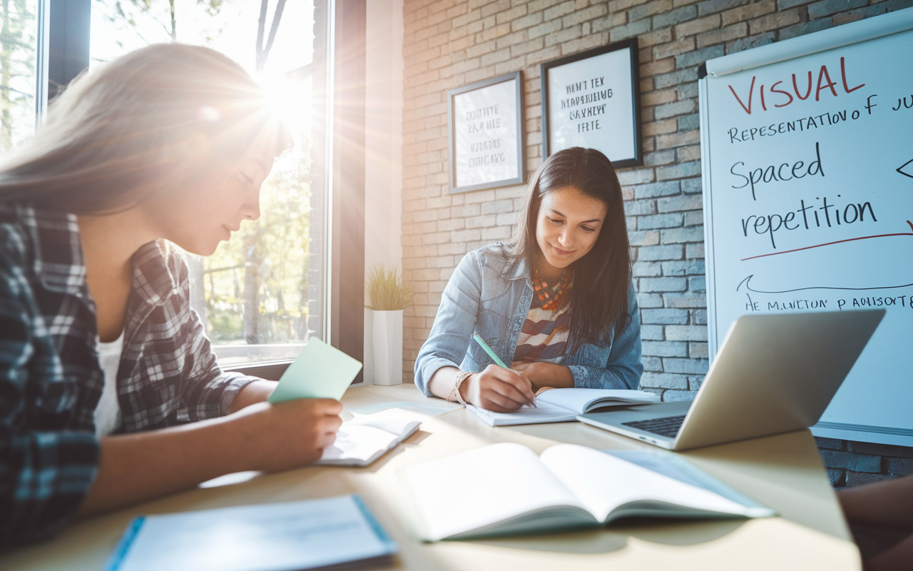 A bright and organized study space with two students engaged in study techniques. One is using flashcards and the other is on a laptop taking notes. Sunlight filters in through a window, creating a calm and inviting atmosphere. A visual representation of concepts like spaced repetition is prominently displayed on a nearby whiteboard. Include elements of positivity, like motivational quotes framed on the wall, representing effective preparation techniques.