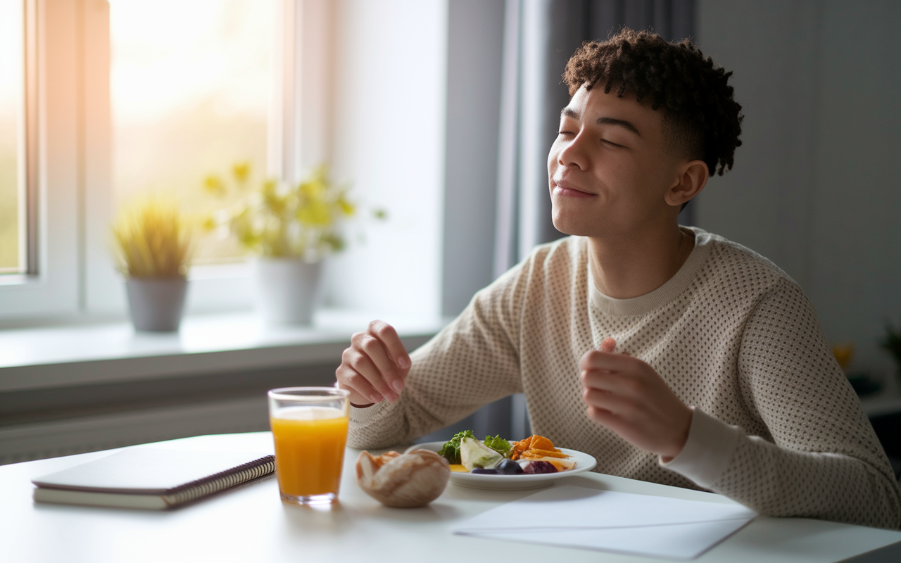 A peaceful morning scene depicting a student engaged in a pre-test routine. They are sitting at a breakfast table, enjoying a healthy meal with a focus on mindfulness. The background shows soft morning light streaming through a window, illuminating calming elements like a plant and a journal. The student appears relaxed, taking deep breaths, embodying a sense of readiness and calm before an exam.