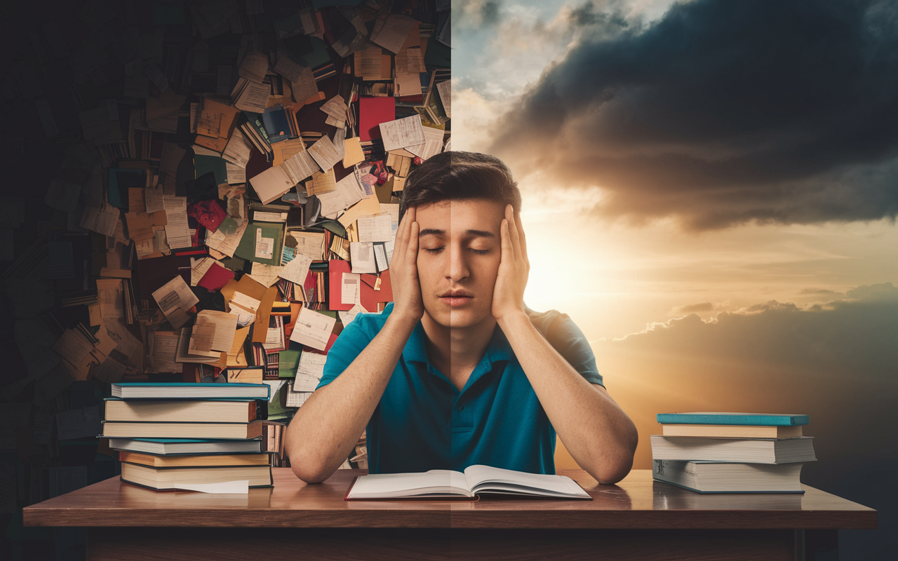 A powerful visual representation of transformation from panic to peace in a student. The left side shows a chaotic scene with the student in distress, surrounded by chaotic books and notes, while the right side depicts the same student exuding calmness, sitting confidently at a clean desk with organized materials. A sunset glow envelops the calm side, symbolizing hope and success, while a stormy cloud hovers over the panicked side, highlighting the contrast in emotions.