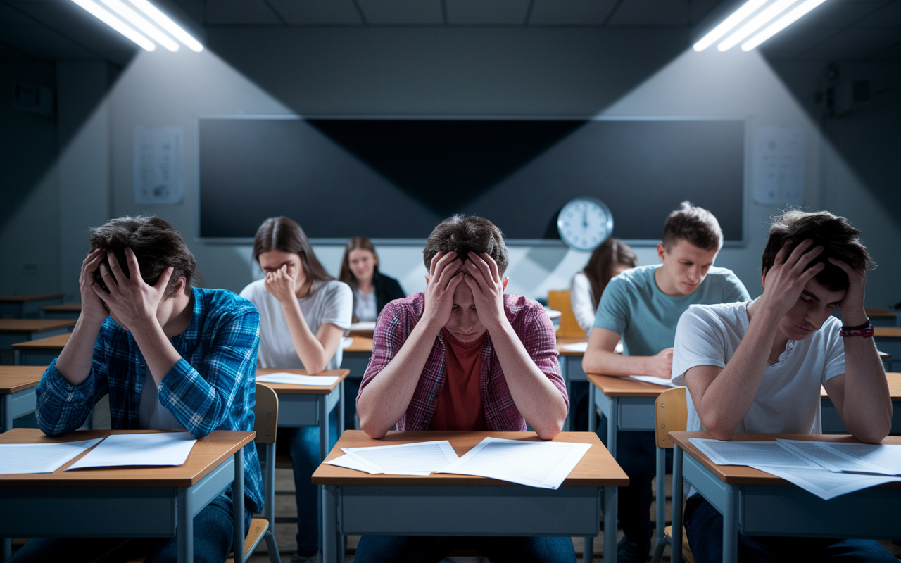 A group of students in a classroom, visibly stressed and anxious, sitting at their desks with papers strewn about. One student is biting their nails, another is sweating and looking at a clock, while a third has their head in their hands. Bright overhead lights cast long shadows, adding to the tension of the scene. The overall atmosphere is dense with anxiety, capturing the emotions of fear and apprehension before an exam.