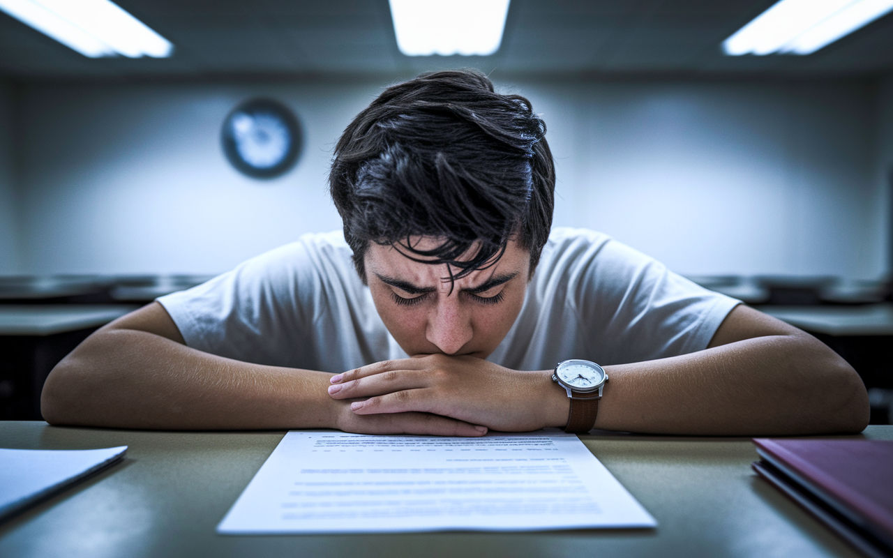 A close-up scene of a student in a testing room, looking tense and overwhelmed while sitting at a desk with an exam paper in front of them. Their hands are trembling slightly, beads of sweat on their forehead, and a watch on their wrist shows the time ticking down. The room is sparsely furnished with dim lighting, conveying a sense of pressure and urgency, and a clock on the wall emphasizes the time constraints.