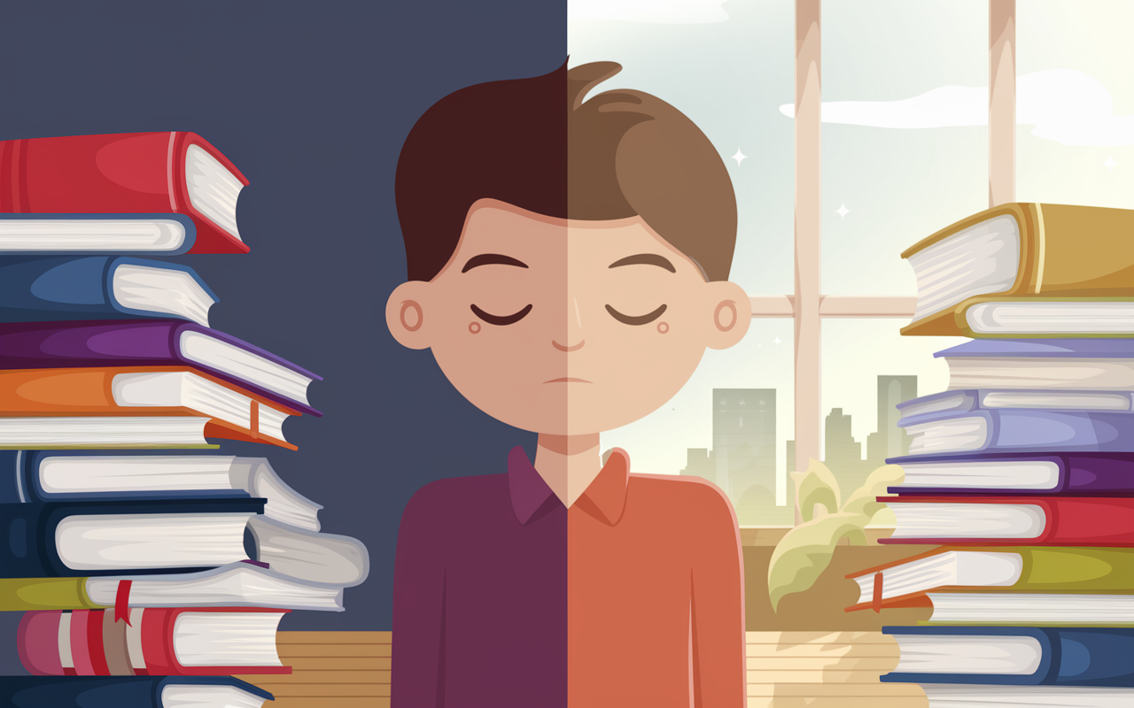 A split-screen visualization scene, on one side showing a stressed student surrounded by cluttered books and papers with anxious expressions, while on the other side depicts the same student, now calm and focused through mental imagery—eyes closed, visualizing success in a bright and organized environment. The transition emphasizes the power of mental imagery with soft light illuminating the calm side, contrasting against the chaotic one.