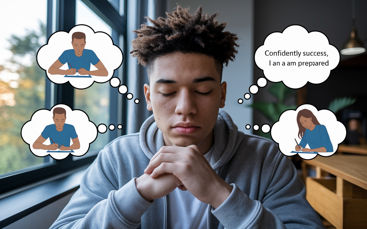 A close-up of a student in a quiet study room, eyes shut and serene expression, surrounded by nature visible through the window. Surrounding him are floating thought bubbles illustrating scenes of success: confidently answering exam questions, engaging in deep focus, and positive affirmations like 'I am prepared'. Soft, diffused light enhances the atmosphere of calm and confidence.