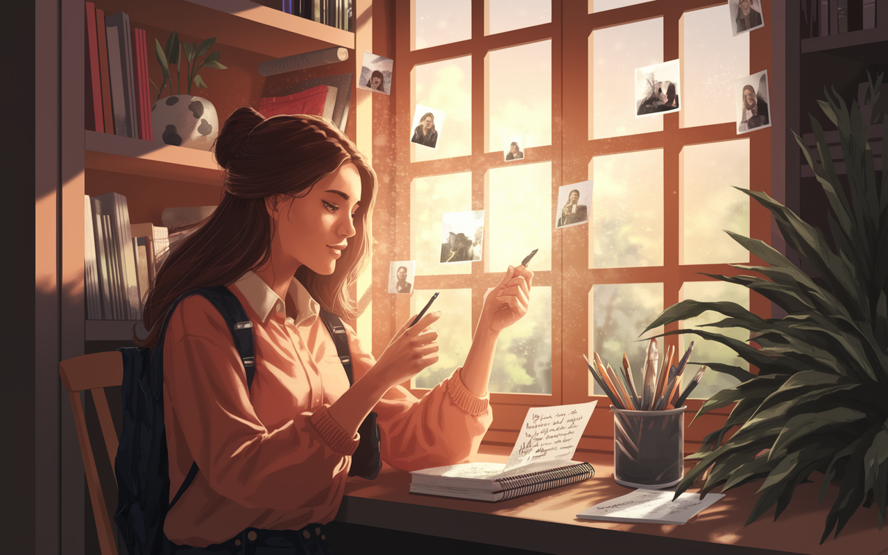 An inspirational scene of a student in a cozy study nook, seated by a warm window with sunlight pouring in, engaging in daily visualization practice. The student holds a notepad with affirmations written on it, while images of previous successes float around her mind, creating a magical atmosphere filled with hope and positivity. The warm glow of sunlight enhances the mood of focus and preparation.