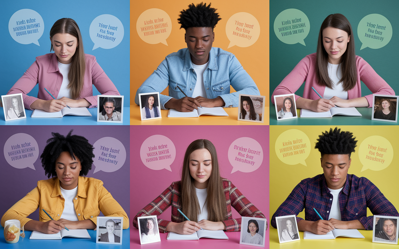 A diverse group of students, each in their own personalized study space, confidently visualizing success as they prepare for exams. The setting displays a blend of colors and styles representing each student’s personality, featuring family photos, awards, and inspirational quotes around them. The atmosphere reflects optimism and determination, with soft lighting highlighting their focused expressions.