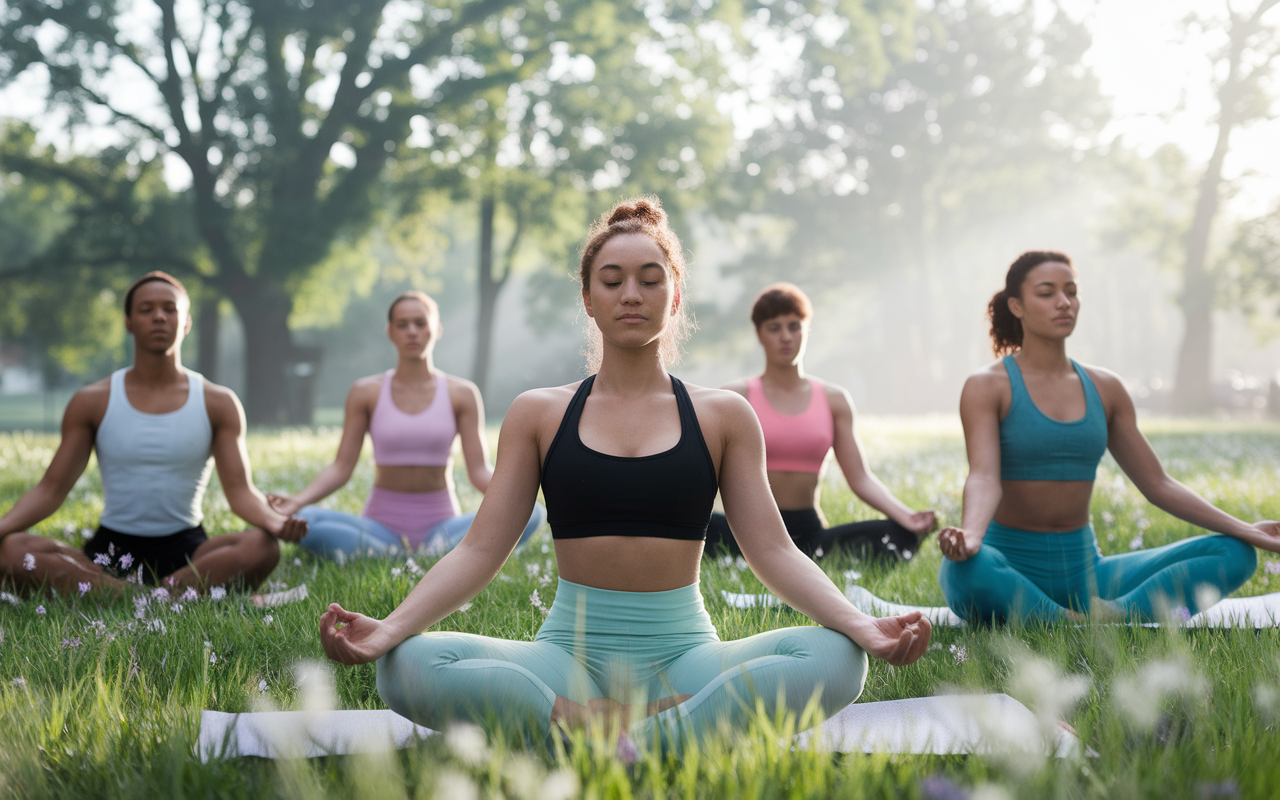 A group of diverse young adults engaged in outdoor exercise, performing yoga in a tranquil park setting at sunrise. The scene is filled with greenery, flowers, and soft morning light filtering through the trees, creating a serene and peaceful atmosphere. The individuals appear relaxed and focused, showcasing elements of physical self-care that positively impact mental health.