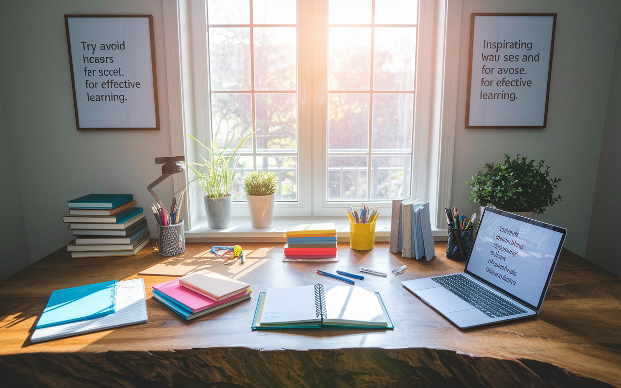 A beautifully organized study area featuring a large wooden desk, colorful stationery, a planner with notes and a laptop open to a study guide. Sunlight streams in through a window, illuminating the space with a warm, inviting glow. Inspirational quotes are posted on the walls, creating a motivating and focused environment for effective learning.