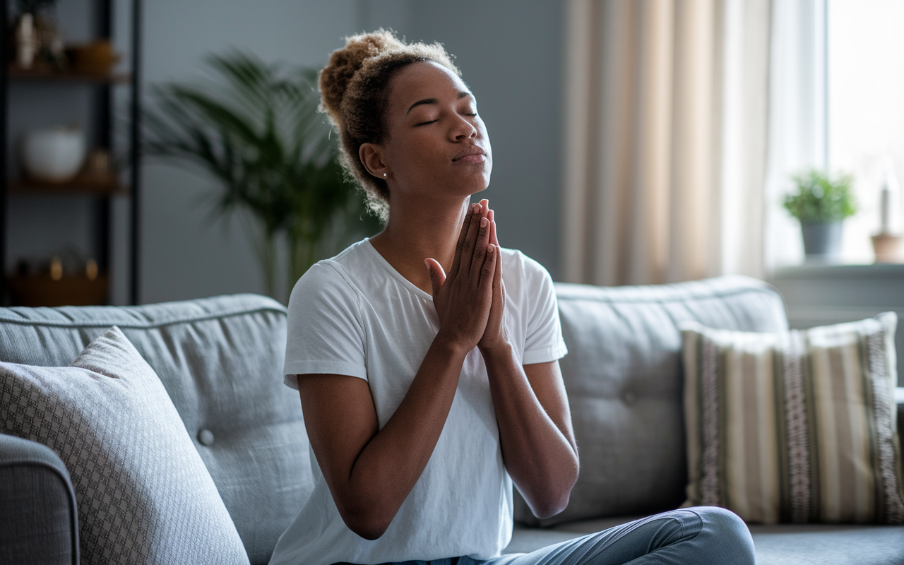 A calm individual in a cozy living room setting practicing the 4-7-8 breathing technique. Soft natural light spills through a window, and serene decor items around them create a tranquil environment. The person is poised with eyes closed, exuding a sense of calmness and focus amidst an atmosphere of stillness.