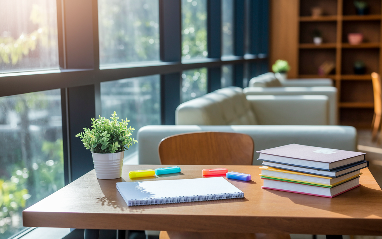 A serene and organized study space featuring a wooden desk beside a large window with soft, natural sunlight pouring in. The desk is neatly arranged with essential study materials: a stack of textbooks, a notepad, and color-coded highlighters, with a small potted plant nearby adding a touch of greenery. The background shows a quiet, cozy library setting with comfortable seating and warm wooden bookshelves, conveying a peaceful atmosphere that encourages learning.