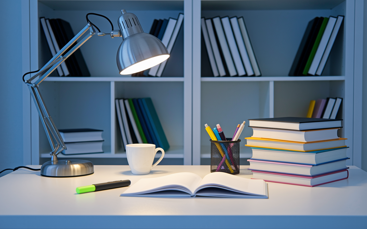 An organized study space showcasing a clean desk with neatly arranged books, a cup of water, and stationery items like pens and highlighters. The study area is illuminated by a stylish desk lamp, and the background includes a well-organized bookshelf filled with educational materials. The overall feeling of the scene is one of calmness and readiness for productive studying.