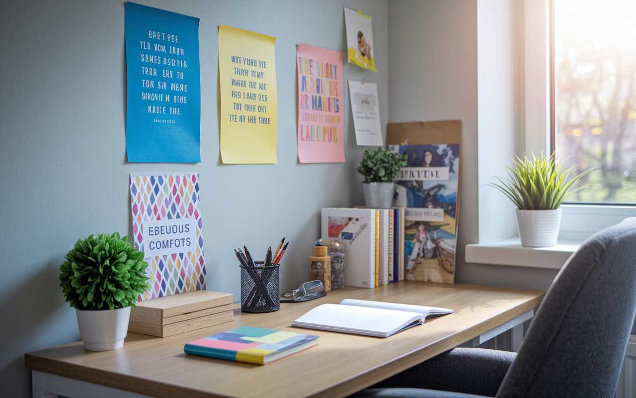 A personalized study space adorned with inspiring decor, including a wall with motivational quotes and colorful educational posters. A small, vibrant plant sits on the desk, and a cozy chair promotes comfort. The natural light cascades through a nearby window, giving a welcoming glow to the workspace, creating an atmosphere of inspiration and focus.